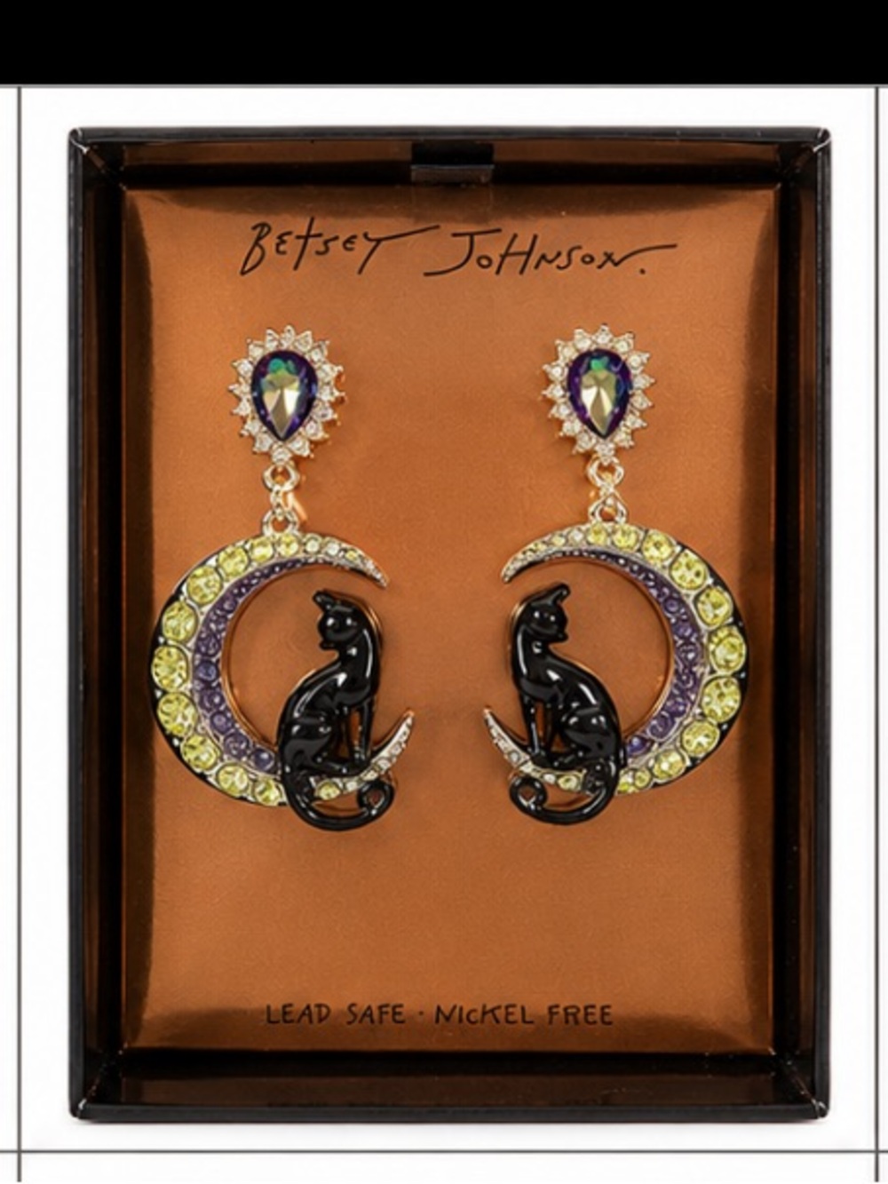 Betsey Johnson Black Cat Sitting On Rhinestone Crescent Moon Earrings NIB
